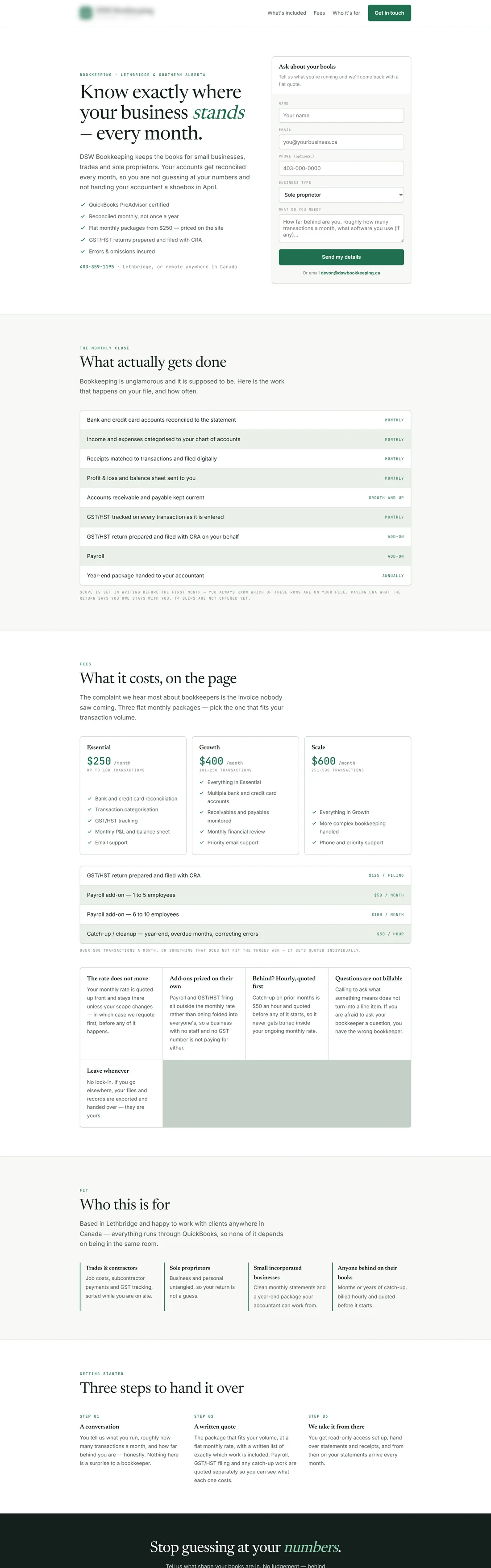 Full page of a bookkeeping website with a serif headline and a short client intake form.