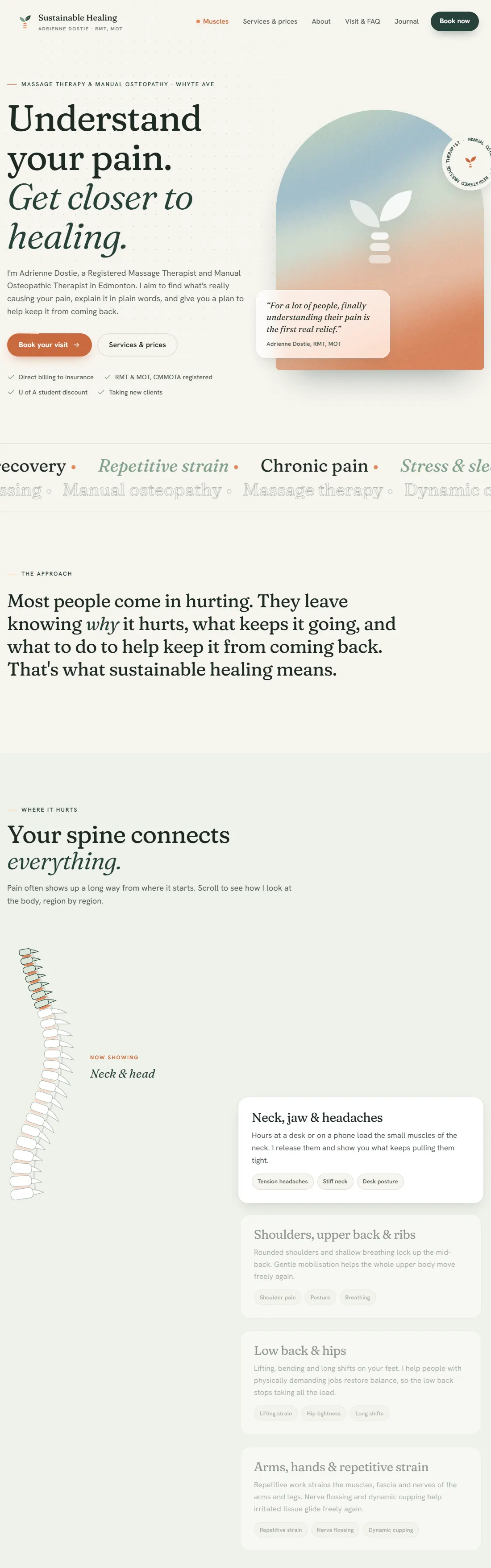 Full page of a massage therapy website: serif headline, an interactive spine that maps where pain shows up, and service cards by body region.