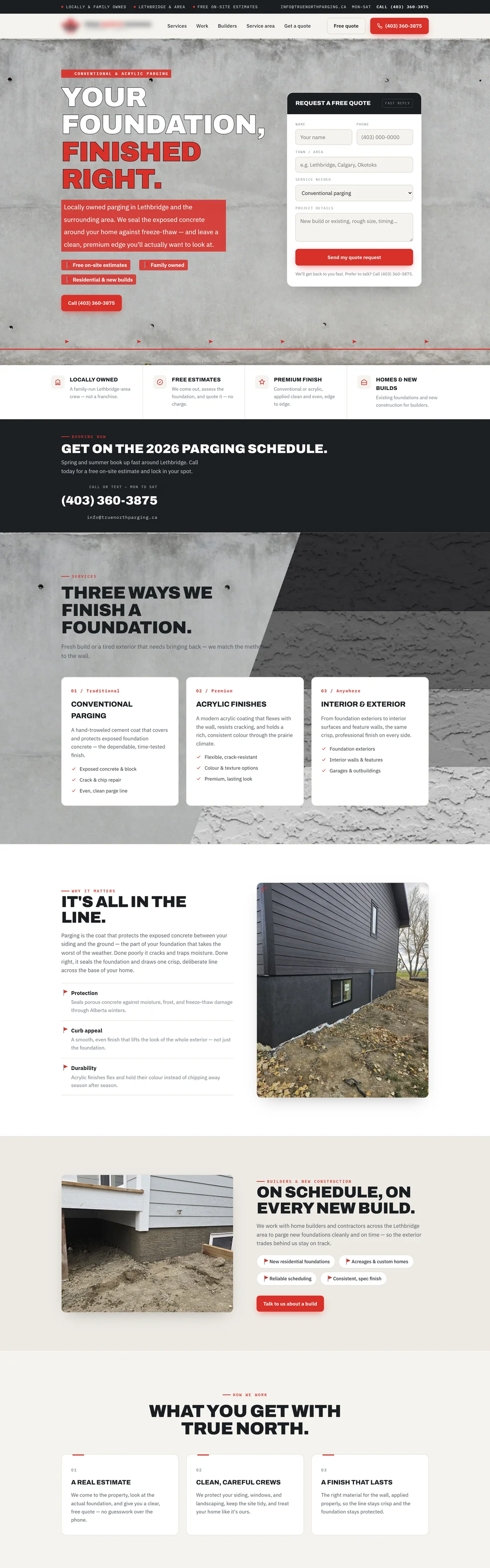 Full page of a parging and foundation repair website: bold headline, quote form, service breakdown.
