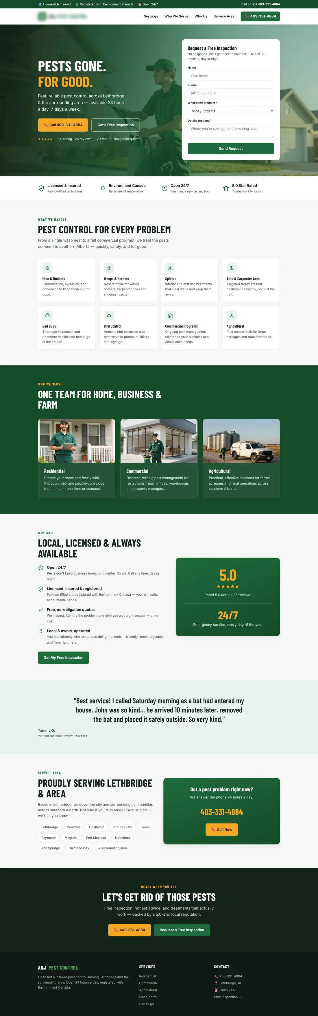 Full page of a commercial pest control website concept with a free inspection form.