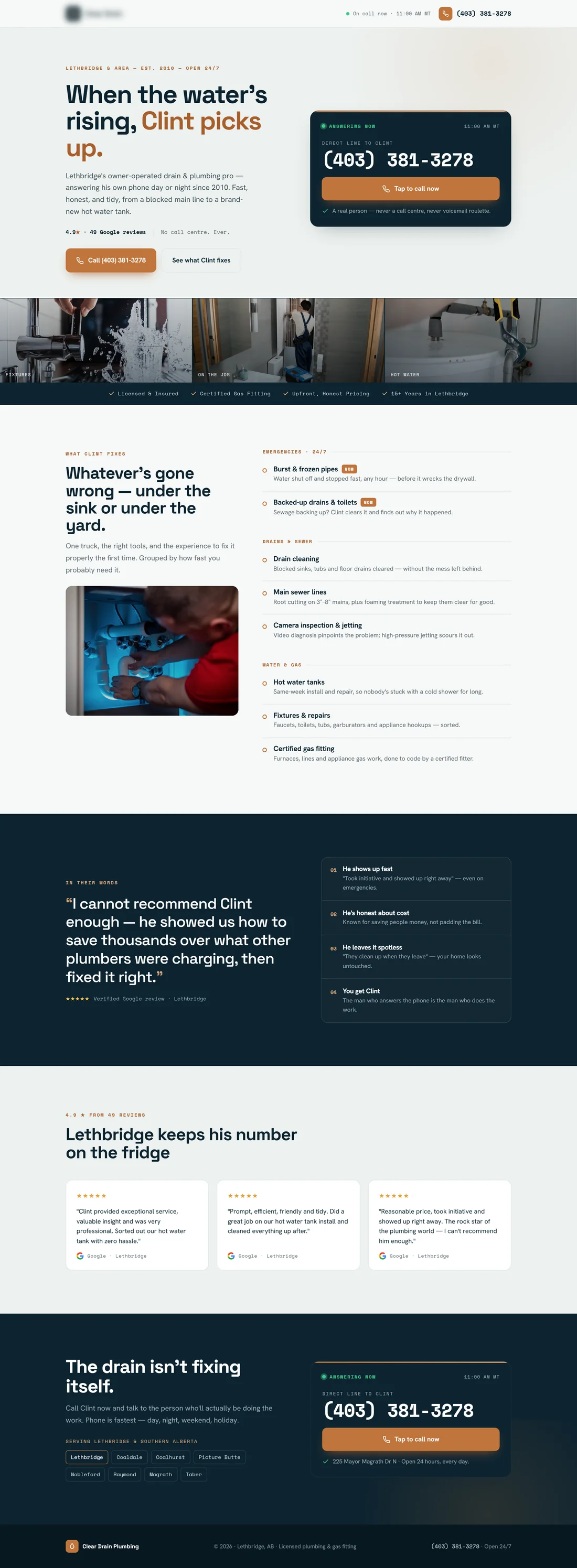 Full page of a drain and plumbing website concept with a large tap-to-call panel.