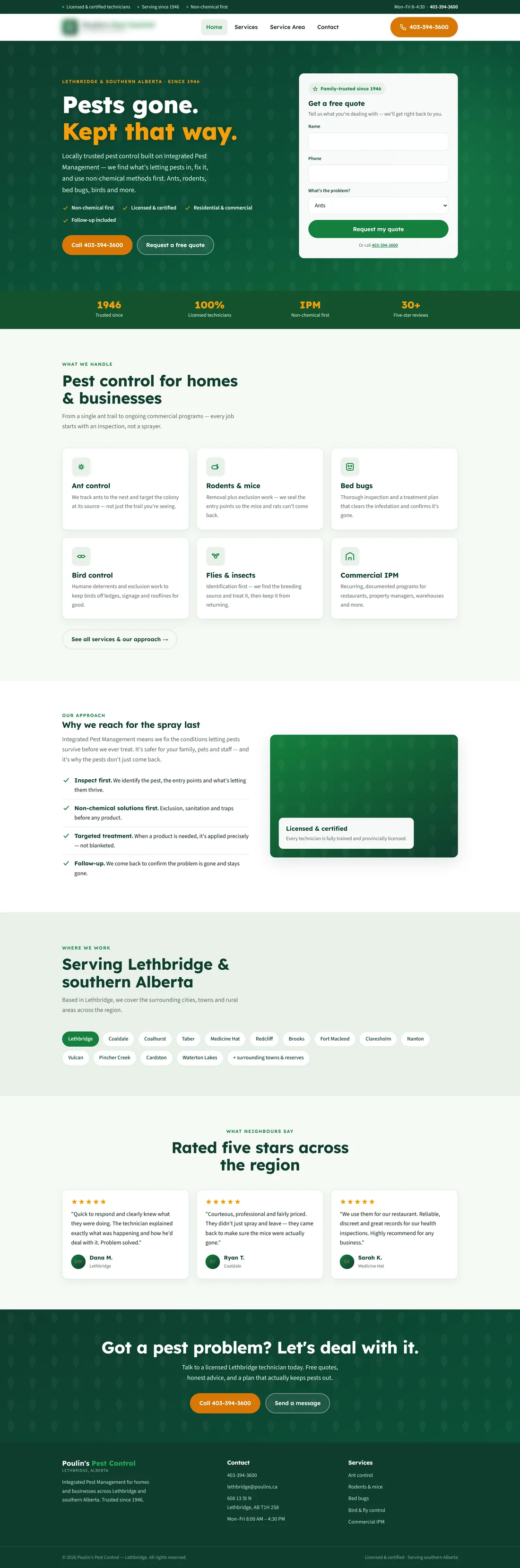 Full page of a pest control website concept in green and cream with a free quote form.