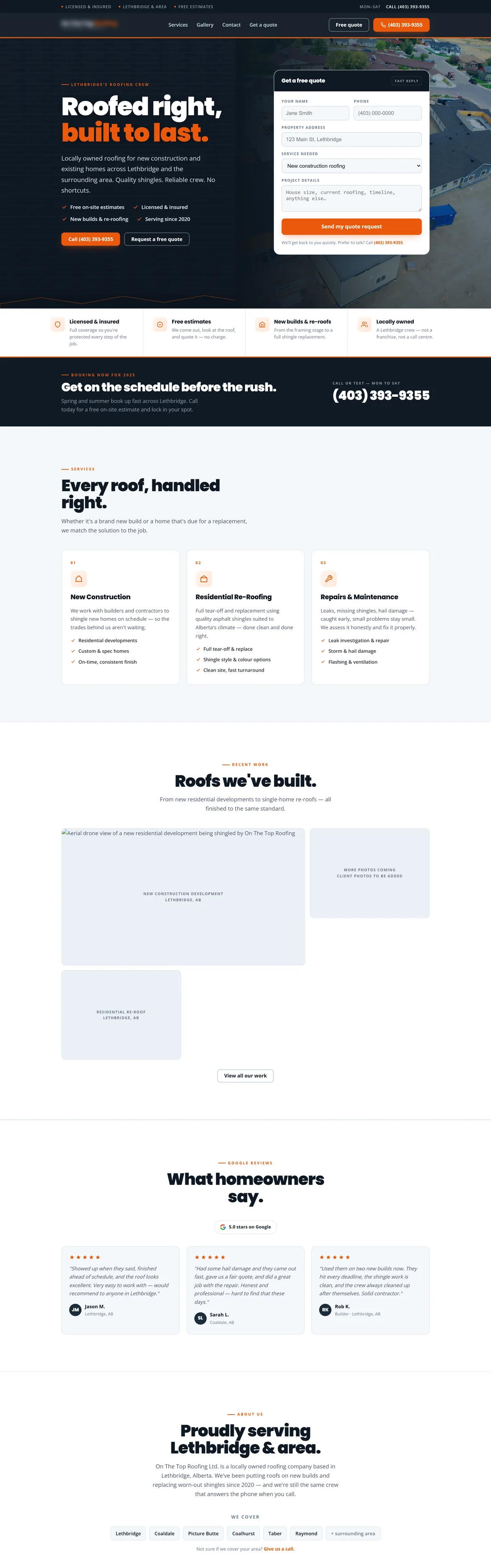 Full page of a roofing website concept with a dark hero and an inline quote form.