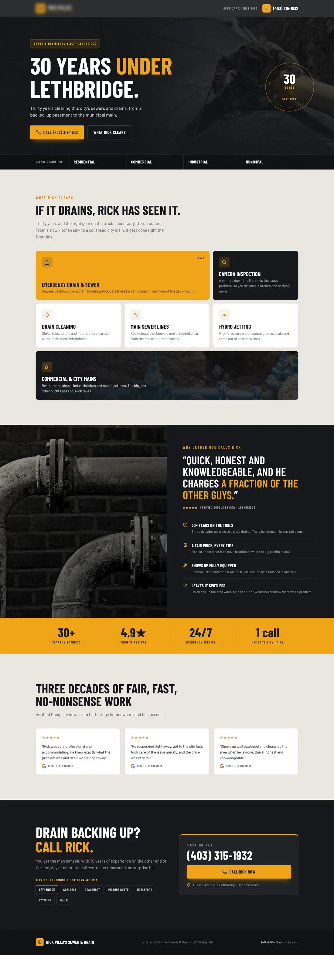 Full page of a sewer and drain website concept with a bold headline and a thirty-year badge.