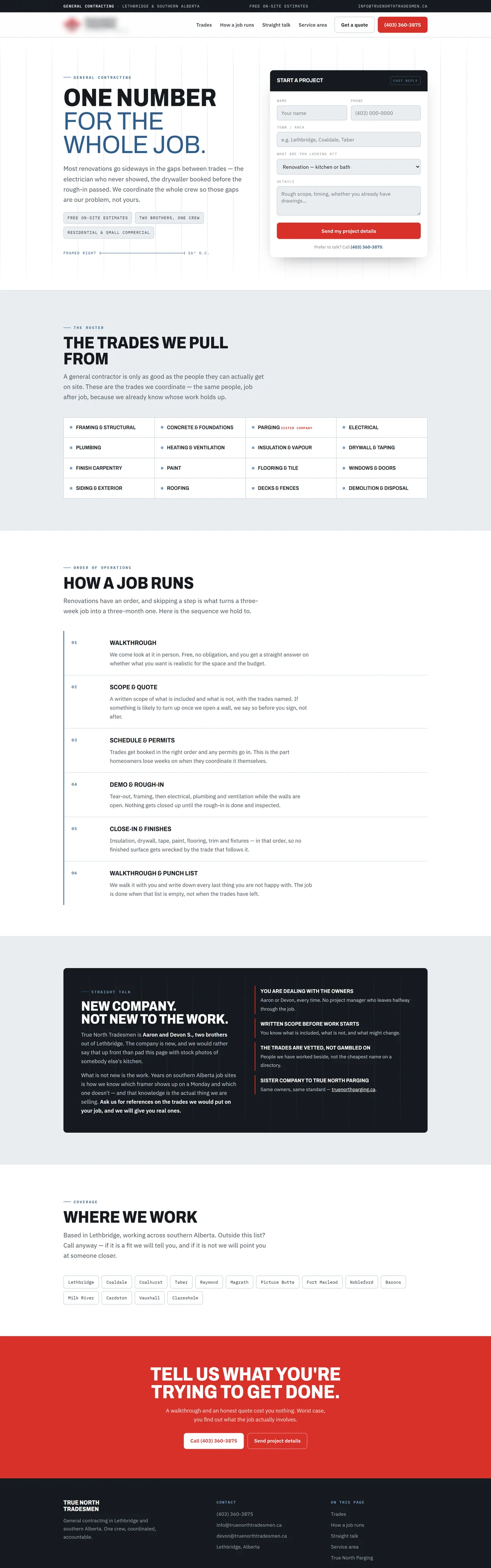 Full page of a general contracting website with an editorial headline and a project intake form.